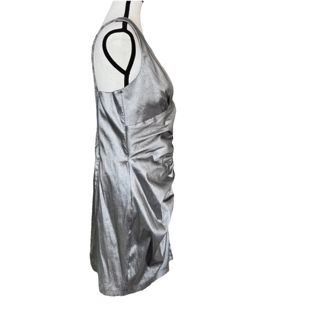 Jessica McClintock Silver Metallic Ruched V-Neck Mini Dress 14 Lace Back Prom - Picture 3 of 9